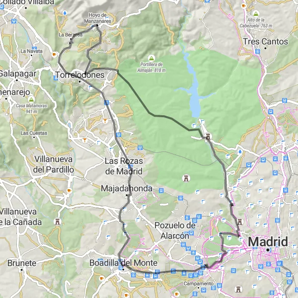 Map miniature of "Madrid Panoramic Ride" cycling inspiration in Comunidad de Madrid, Spain. Generated by Tarmacs.app cycling route planner