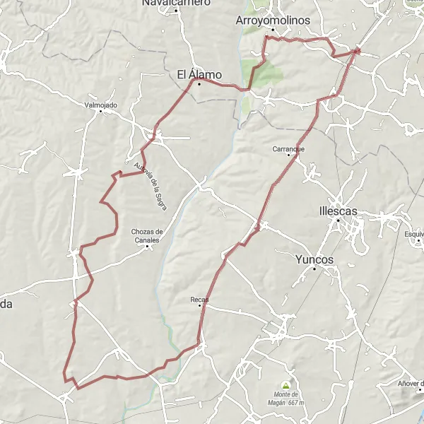 Miniatua del mapa de inspiración ciclista "Ruta de ciclismo de grava desde Humanes de Madrid" en Comunidad de Madrid, Spain. Generado por Tarmacs.app planificador de rutas ciclistas