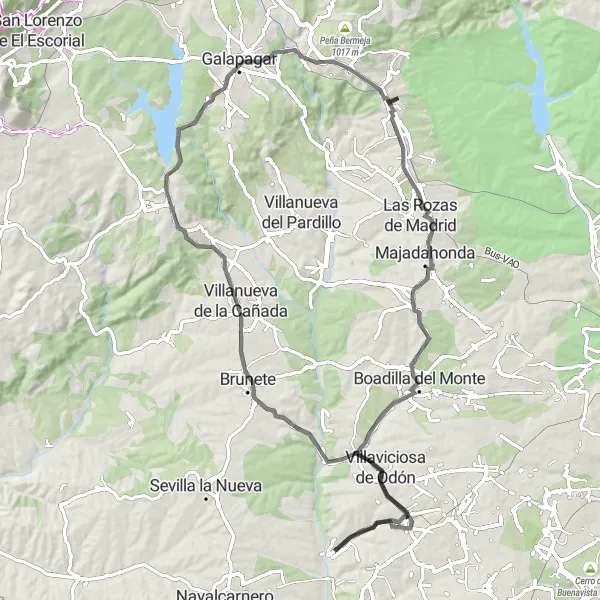 Miniatura mapy "Długa trasa na rowerze szosowym przez Las Rozas de Madrid, Boadilla del Monte i Mirador de Las Marías" - trasy rowerowej w Comunidad de Madrid, Spain. Wygenerowane przez planer tras rowerowych Tarmacs.app