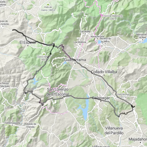 Map miniature of "Mountain Challenge" cycling inspiration in Comunidad de Madrid, Spain. Generated by Tarmacs.app cycling route planner