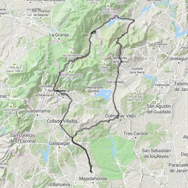 Miniatua del mapa de inspiración ciclista "Ruta de Carretera hacia Rascafría y Puerto de Cotos" en Comunidad de Madrid, Spain. Generado por Tarmacs.app planificador de rutas ciclistas