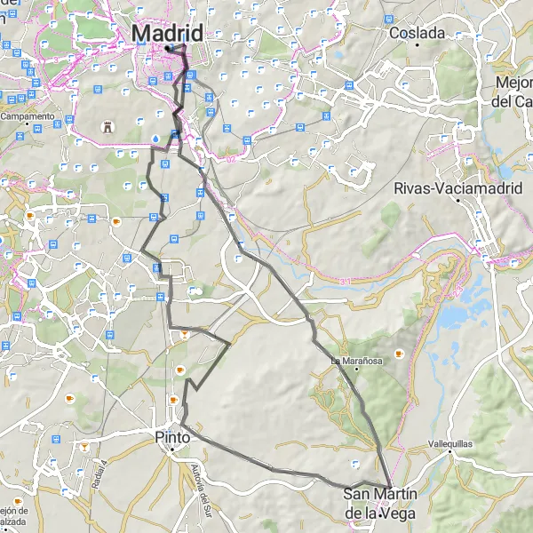 Map miniature of "The Road Adventure" cycling inspiration in Comunidad de Madrid, Spain. Generated by Tarmacs.app cycling route planner