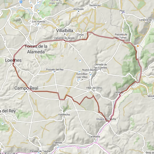 Map miniature of "Gravel Adventure: Torres de la Alameda Loop" cycling inspiration in Comunidad de Madrid, Spain. Generated by Tarmacs.app cycling route planner