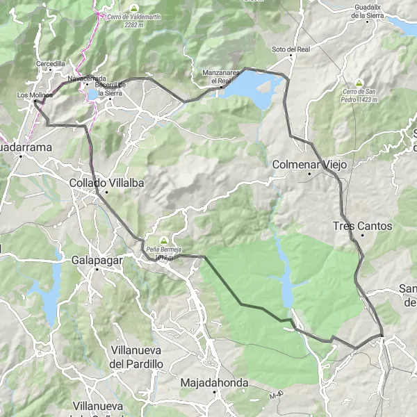 Map miniature of "Los Molinos Scenic Road Adventure - Navacerrada Loop" cycling inspiration in Comunidad de Madrid, Spain. Generated by Tarmacs.app cycling route planner