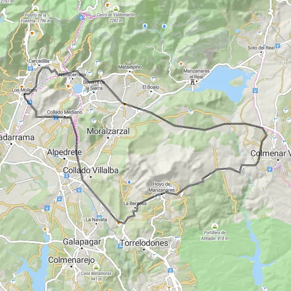 Map miniature of "Los Molinos - Cerro de la Golondrina - Navacerrada - Cerceda - El Picazo - Collado Mediano - Cerro de la Serranilla - Los Molinos" cycling inspiration in Comunidad de Madrid, Spain. Generated by Tarmacs.app cycling route planner