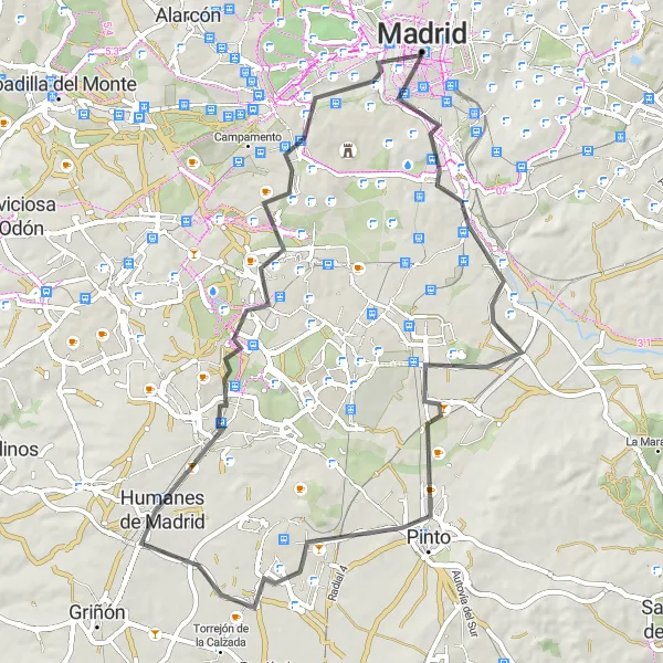 Miniatua del mapa de inspiración ciclista "Ruta en bicicleta de carretera Usera - La Atalaya - Cerro de los Ángeles - Torre de Éboli - Fuenlabrada - Mural - Madrid" en Comunidad de Madrid, Spain. Generado por Tarmacs.app planificador de rutas ciclistas
