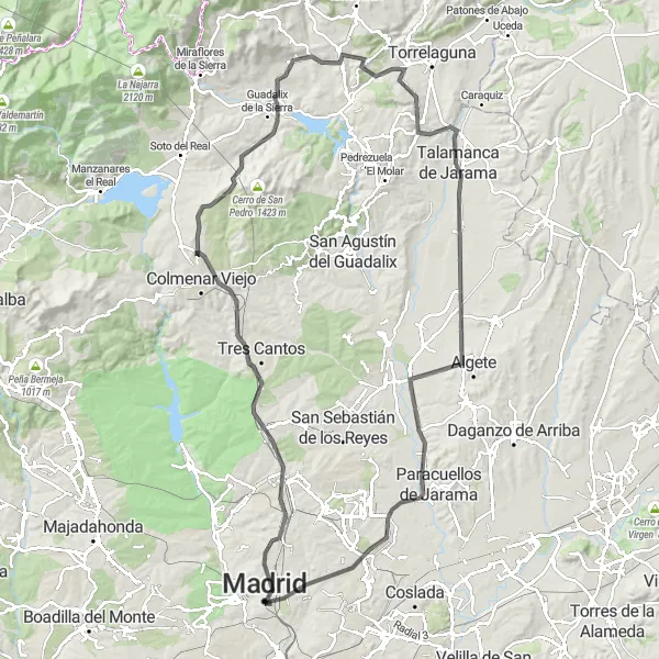 Miniatua del mapa de inspiración ciclista "Ruta en bicicleta de carretera Tetuán - Guadalix de la Sierra - Cabanillas de la Sierra - Talamanca de Jarama - Fuente el Saz de Jarama - Mirador Barajas T4 - Barajas - Salamanca" en Comunidad de Madrid, Spain. Generado por Tarmacs.app planificador de rutas ciclistas