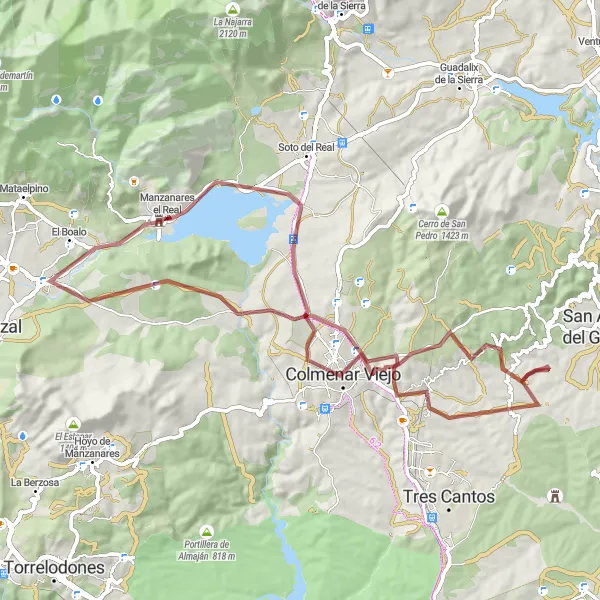 Map miniature of "Manzanares el Real Gravel Loop" cycling inspiration in Comunidad de Madrid, Spain. Generated by Tarmacs.app cycling route planner