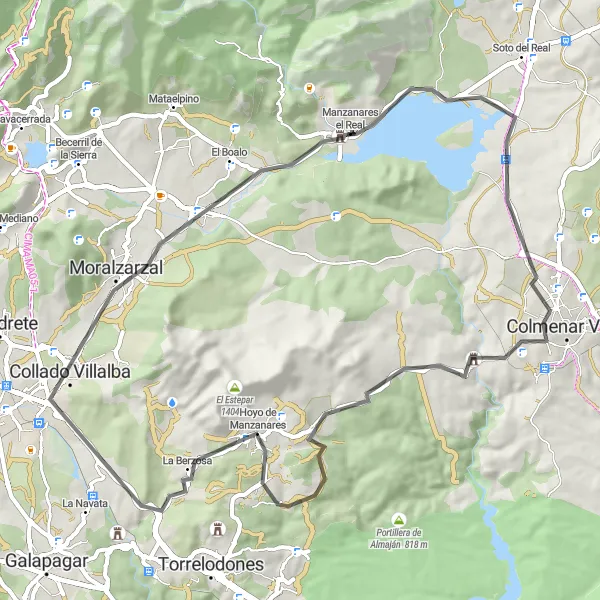 Miniatua del mapa de inspiración ciclista "Ruta circular por Manzanares el Real y Colmenar Viejo" en Comunidad de Madrid, Spain. Generado por Tarmacs.app planificador de rutas ciclistas