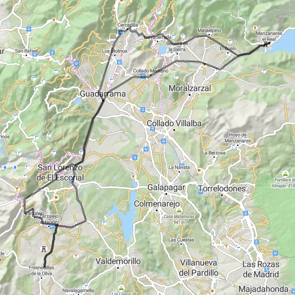 Map miniature of "The Ultimate Cycling Challenge: El Escorial and Navacerrada" cycling inspiration in Comunidad de Madrid, Spain. Generated by Tarmacs.app cycling route planner
