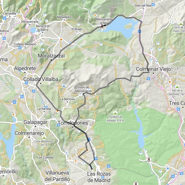 Miniatua del mapa de inspiración ciclista "Ruta en bicicleta de carretera desde Manzanares el Real" en Comunidad de Madrid, Spain. Generado por Tarmacs.app planificador de rutas ciclistas