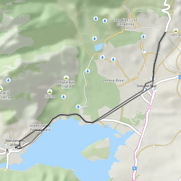 Miniatura mapy "Rowerowa trasa wokół Manzanares el Real" - trasy rowerowej w Comunidad de Madrid, Spain. Wygenerowane przez planer tras rowerowych Tarmacs.app