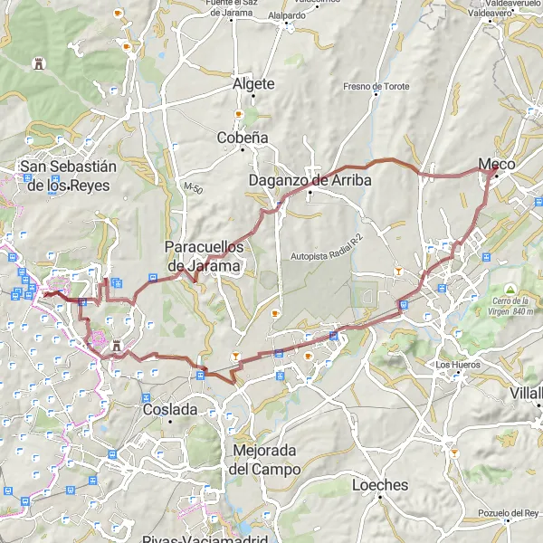 Miniatua del mapa de inspiración ciclista "Ruta de Mirador Barajas T4 a Camarma de Esteruelas" en Comunidad de Madrid, Spain. Generado por Tarmacs.app planificador de rutas ciclistas