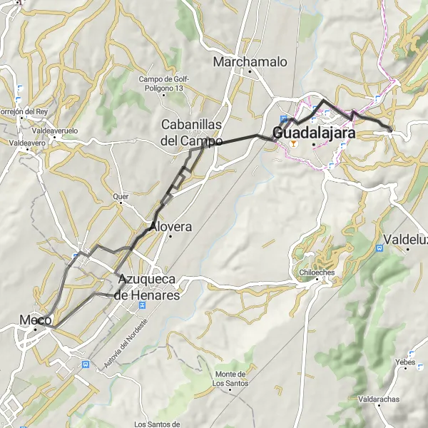 Map miniature of "Road Cycling Discovery through Cabanillas del Campo and Iriépal" cycling inspiration in Comunidad de Madrid, Spain. Generated by Tarmacs.app cycling route planner