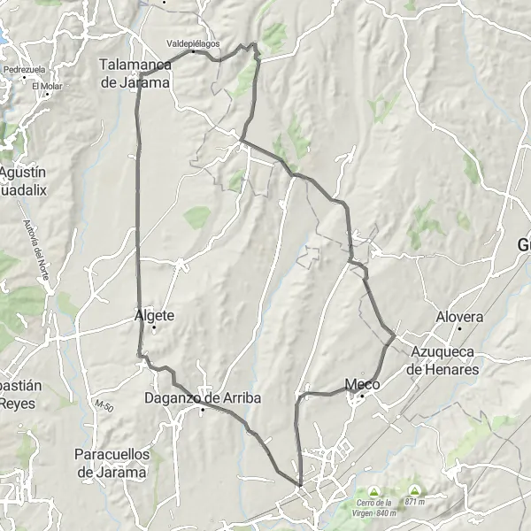 Miniatura mapy "Trasa rowerowa z Meco do Villanueva de la Torre" - trasy rowerowej w Comunidad de Madrid, Spain. Wygenerowane przez planer tras rowerowych Tarmacs.app