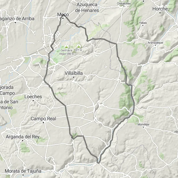 Map miniature of "Challenging Road Cycling to Carabaña" cycling inspiration in Comunidad de Madrid, Spain. Generated by Tarmacs.app cycling route planner