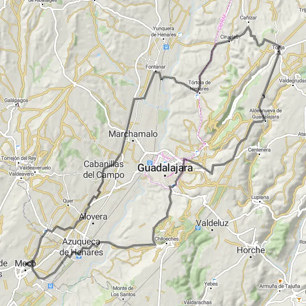 Map miniature of "Road Adventure to Cabanillas del Campo" cycling inspiration in Comunidad de Madrid, Spain. Generated by Tarmacs.app cycling route planner