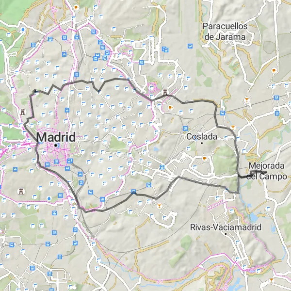Map miniature of "Road Cycling Adventure through Mejorada del Campo's Surroundings" cycling inspiration in Comunidad de Madrid, Spain. Generated by Tarmacs.app cycling route planner
