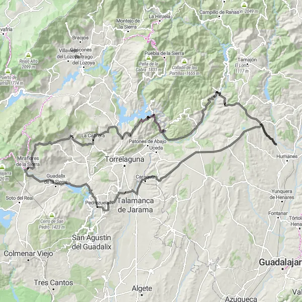 Miniatua del mapa de inspiración ciclista "Ruta en bicicleta de carretera Miraflores - Bustarviejo - Pedrezuela" en Comunidad de Madrid, Spain. Generado por Tarmacs.app planificador de rutas ciclistas