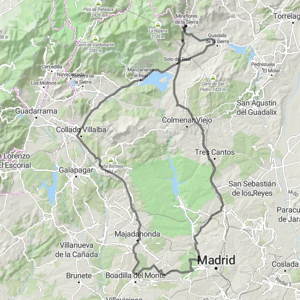 Miniatua del mapa de inspiración ciclista "Ruta en bicicleta de carretera Miraflores - Mirasierra - Soto del Real" en Comunidad de Madrid, Spain. Generado por Tarmacs.app planificador de rutas ciclistas