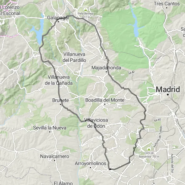 Miniatua del mapa de inspiración ciclista "Ruta de ciclismo de carretera desde Moraleja de Enmedio" en Comunidad de Madrid, Spain. Generado por Tarmacs.app planificador de rutas ciclistas