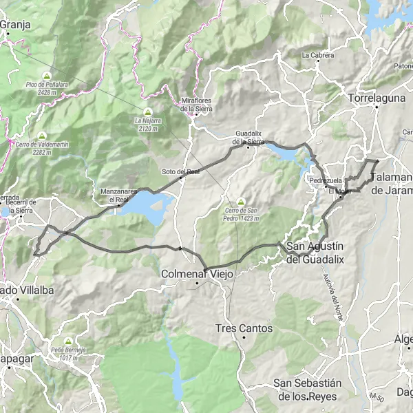 Map miniature of "Challenging Road Cycling in Guadalix de la Sierra" cycling inspiration in Comunidad de Madrid, Spain. Generated by Tarmacs.app cycling route planner