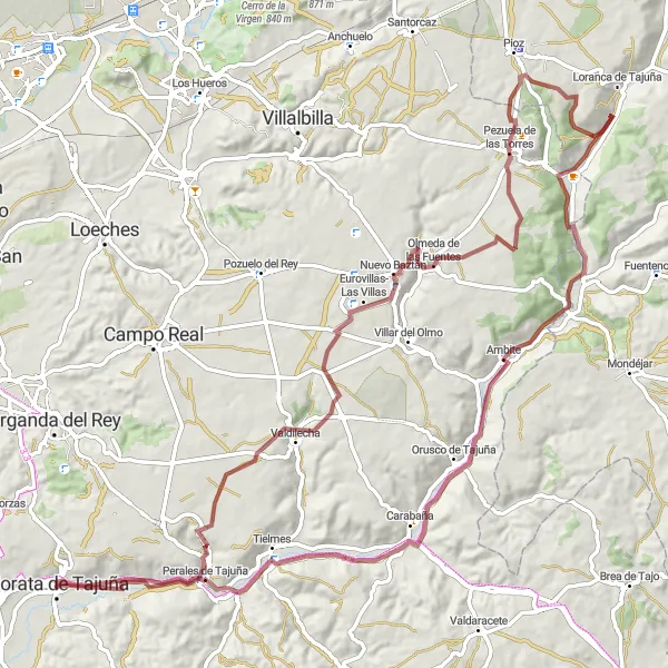 Miniatuurkaart van de fietsinspiratie "Gravel fietsroute rond Morata de Tajuña" in Comunidad de Madrid, Spain. Gemaakt door de Tarmacs.app fietsrouteplanner