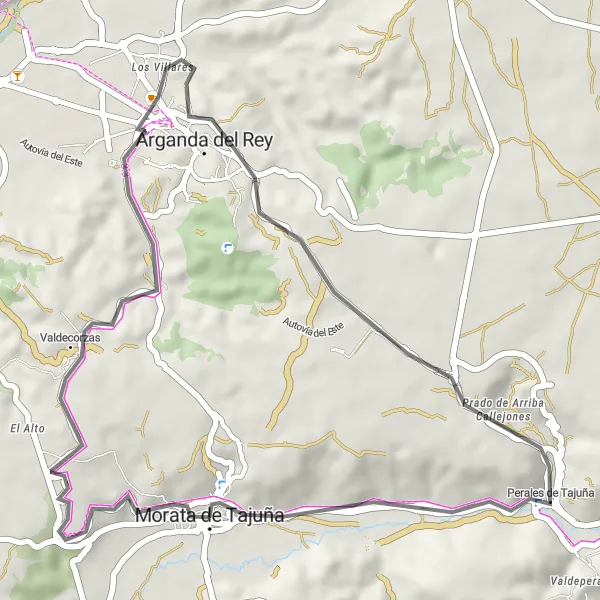 Miniatua del mapa de inspiración ciclista "Morata de Tajuña - Arganda del Rey - Perales de Tajuña - Morata de Tajuña" en Comunidad de Madrid, Spain. Generado por Tarmacs.app planificador de rutas ciclistas