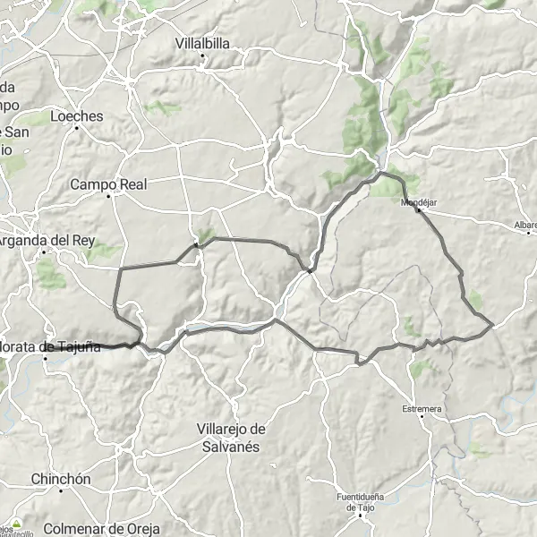 Map miniature of "The Morata Valleys Loop" cycling inspiration in Comunidad de Madrid, Spain. Generated by Tarmacs.app cycling route planner