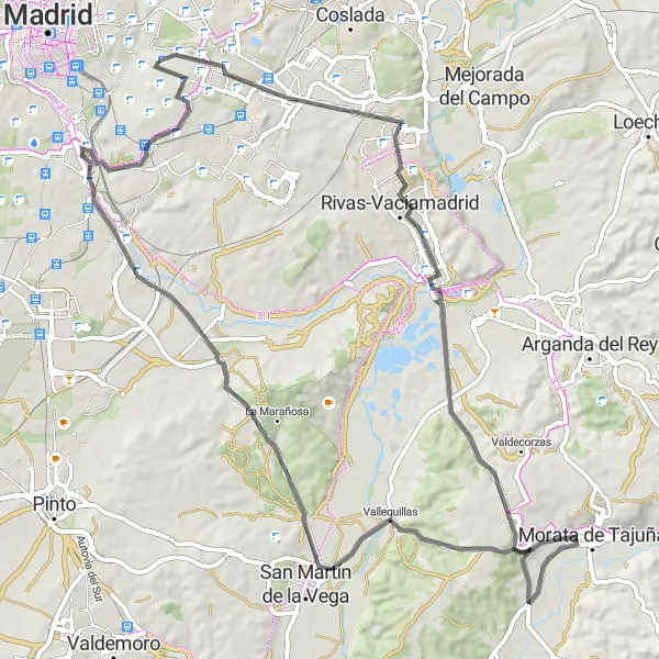 Map miniature of "Scenic Road Cycling Loop with Varied Landscapes" cycling inspiration in Comunidad de Madrid, Spain. Generated by Tarmacs.app cycling route planner