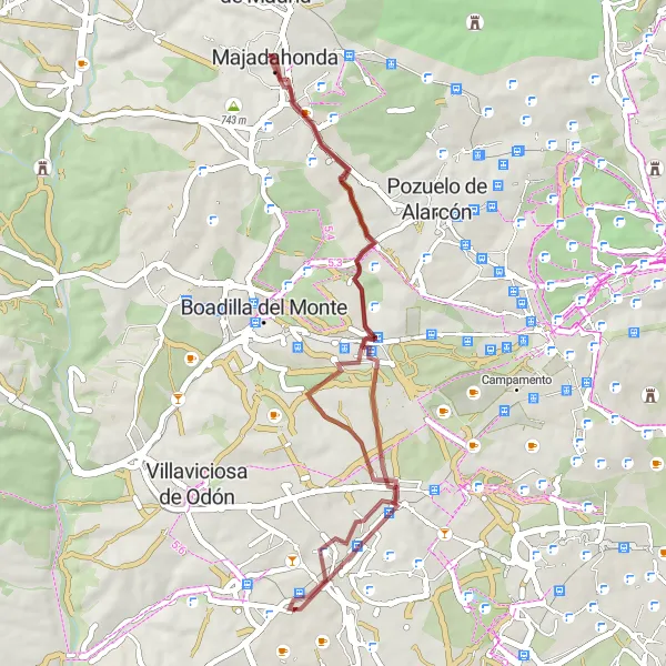 Miniatua del mapa de inspiración ciclista "Ruta en Grava Móstoles - Ventorro del Cano - Mirador del Cotoblanco - Majadahonda - Alcorcón" en Comunidad de Madrid, Spain. Generado por Tarmacs.app planificador de rutas ciclistas