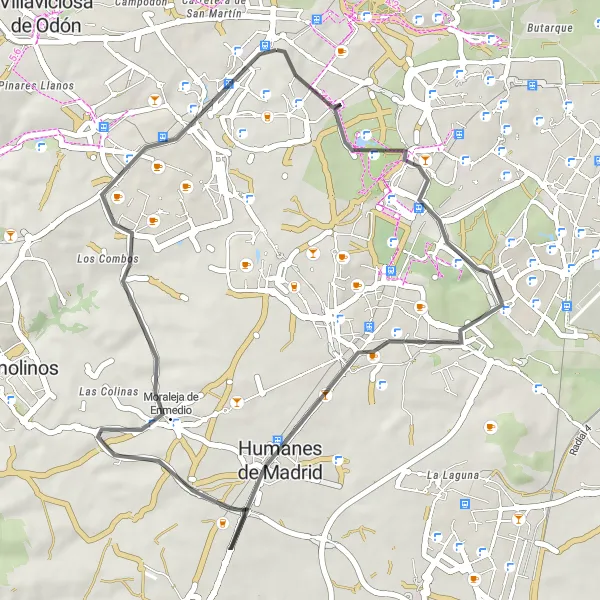 Miniatua del mapa de inspiración ciclista "Ruta en Carretera Móstoles - Cerro de Buenavista - Fuenlabrada - Moraleja de Enmedio - Móstoles" en Comunidad de Madrid, Spain. Generado por Tarmacs.app planificador de rutas ciclistas