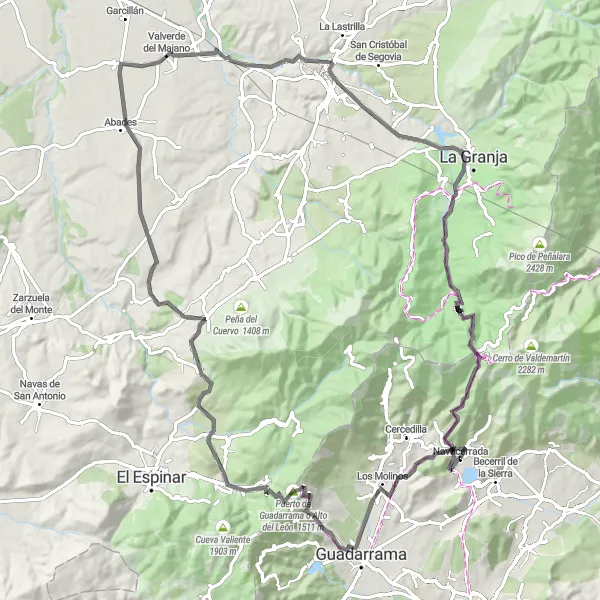 Map miniature of "Road Cycling Adventure to Los Molinos and Navacerrada" cycling inspiration in Comunidad de Madrid, Spain. Generated by Tarmacs.app cycling route planner