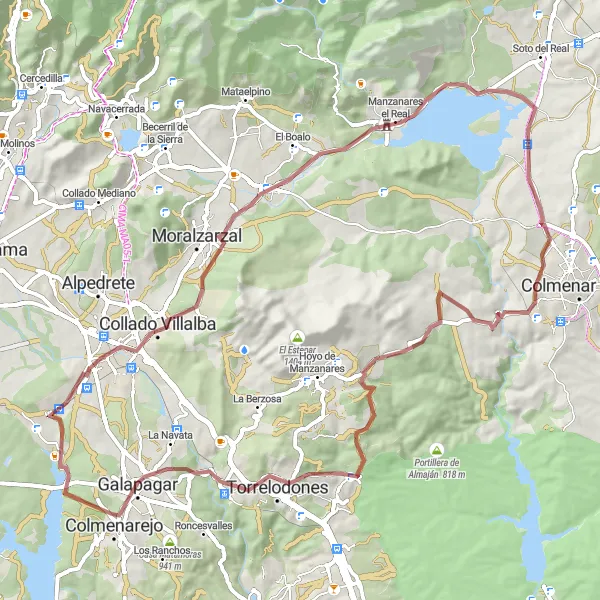 Map miniature of "Scenic Gravel Ride to Manzanares El Real" cycling inspiration in Comunidad de Madrid, Spain. Generated by Tarmacs.app cycling route planner