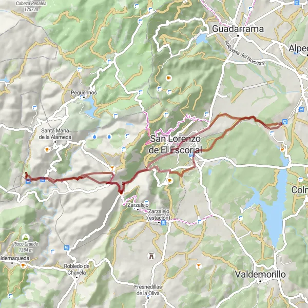 Map miniature of "Gravel adventure to La Silla de Felipe II and Cerro de la Cancha" cycling inspiration in Comunidad de Madrid, Spain. Generated by Tarmacs.app cycling route planner