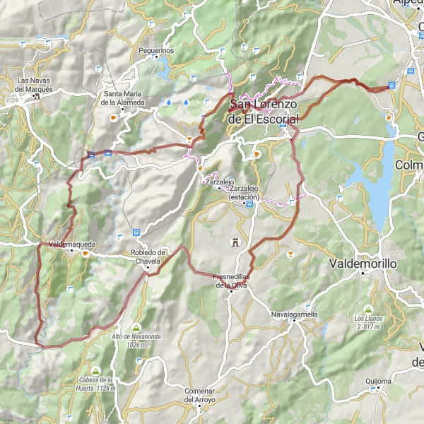 Map miniature of "Gravel Adventure in Guadarrama" cycling inspiration in Comunidad de Madrid, Spain. Generated by Tarmacs.app cycling route planner