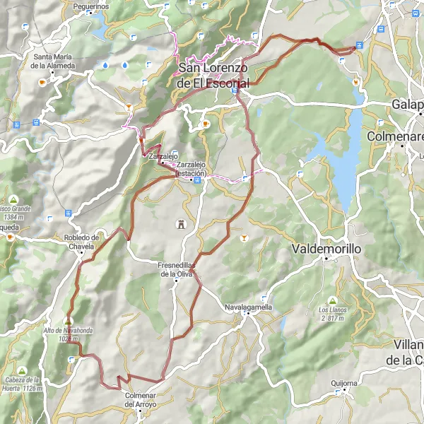 Miniatuurkaart van de fietsinspiratie "Gravelroute naar El Escorial en Robledo de Chavela" in Comunidad de Madrid, Spain. Gemaakt door de Tarmacs.app fietsrouteplanner