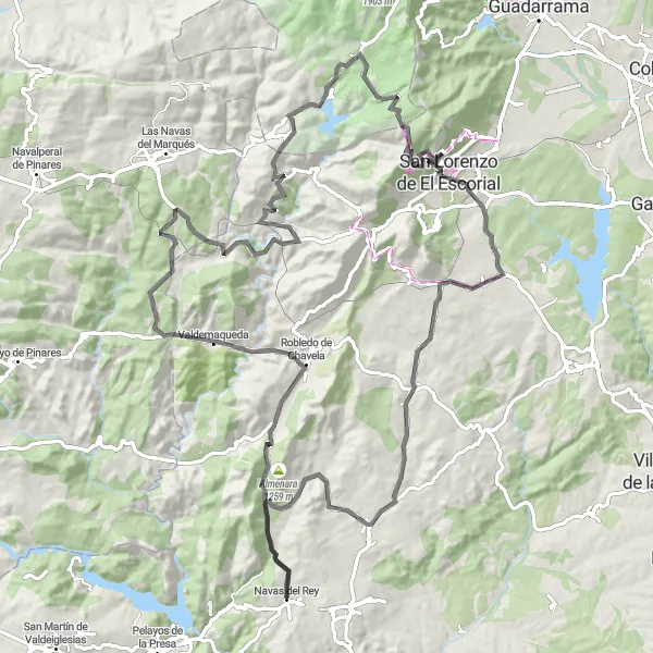 Miniatua del mapa de inspiración ciclista "Ruta de ciclismo de carretera desde Navas del Rey" en Comunidad de Madrid, Spain. Generado por Tarmacs.app planificador de rutas ciclistas