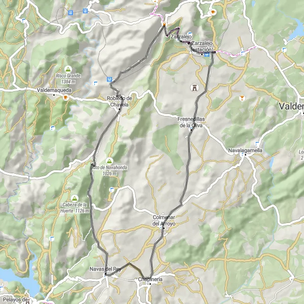 Map miniature of "The Scenic Route" cycling inspiration in Comunidad de Madrid, Spain. Generated by Tarmacs.app cycling route planner