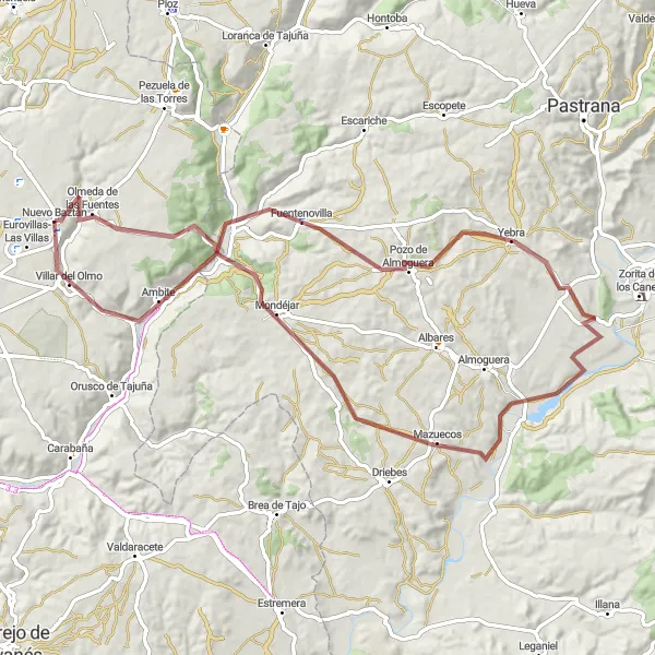 Map miniature of "Cycle through Olmeda de las Fuentes, Fuentenovilla, Mazuecos, Ambite, and Nuevo Baztán" cycling inspiration in Comunidad de Madrid, Spain. Generated by Tarmacs.app cycling route planner