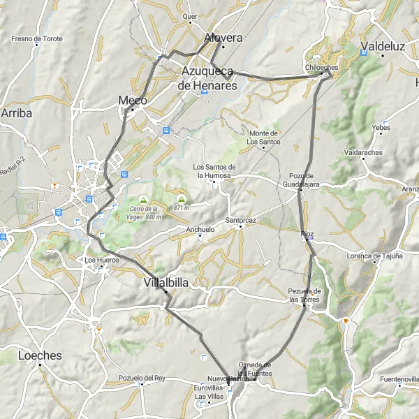 Map miniature of "Discover Villalbilla, Alcalá de Henares, and Olmeda de las Fuentes on a Scenic Road Cycling Route" cycling inspiration in Comunidad de Madrid, Spain. Generated by Tarmacs.app cycling route planner