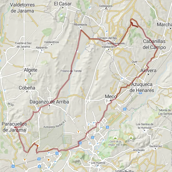 Miniatua del mapa de inspiración ciclista "Ruta de gravilla por Paracuellos de Jarama y alrededores" en Comunidad de Madrid, Spain. Generado por Tarmacs.app planificador de rutas ciclistas
