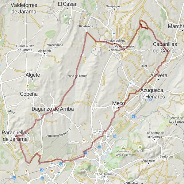 Miniatuurkaart van de fietsinspiratie "Gravel ronde-fietsroutes vanuit Paracuellos de Jarama" in Comunidad de Madrid, Spain. Gemaakt door de Tarmacs.app fietsrouteplanner