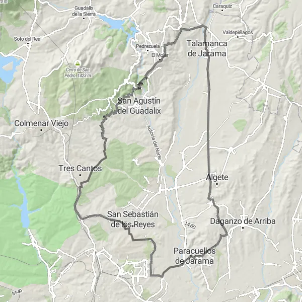 Miniatuurkaart van de fietsinspiratie "Lange weg fietstocht rond Paracuellos de Jarama" in Comunidad de Madrid, Spain. Gemaakt door de Tarmacs.app fietsrouteplanner