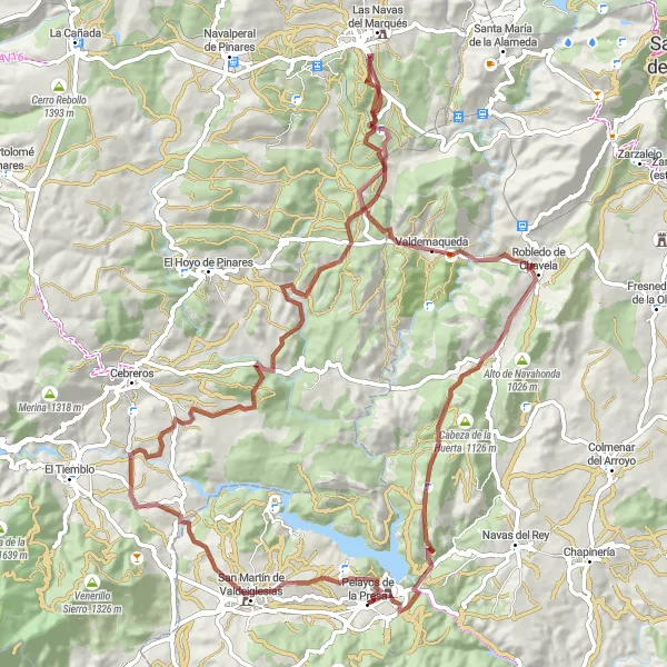 Miniatuurkaart van de fietsinspiratie "Uitdagende grindroute door de bergen rond Pelayos de la Presa" in Comunidad de Madrid, Spain. Gemaakt door de Tarmacs.app fietsrouteplanner