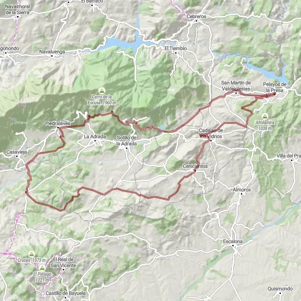 Map miniature of "Cadalso de los Vidrios and Piedralaves Gravel Adventure" cycling inspiration in Comunidad de Madrid, Spain. Generated by Tarmacs.app cycling route planner