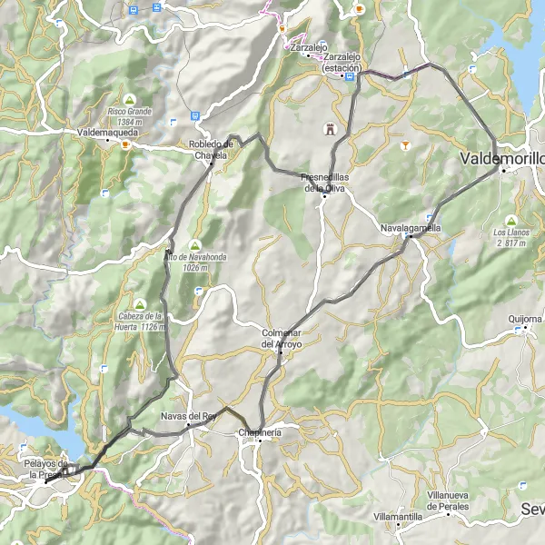 Map miniature of "Madrid road adventure" cycling inspiration in Comunidad de Madrid, Spain. Generated by Tarmacs.app cycling route planner