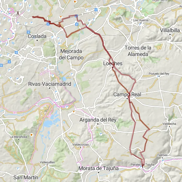 Miniatua del mapa de inspiración ciclista "Ruta en bicicleta de grava desde Perales de Tajuña" en Comunidad de Madrid, Spain. Generado por Tarmacs.app planificador de rutas ciclistas