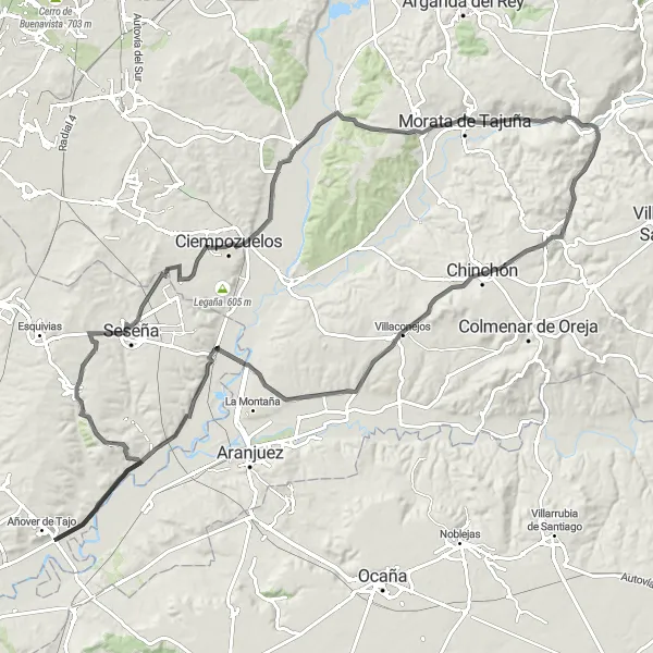 Miniatua del mapa de inspiración ciclista "Ruta en Carretera desde Perales de Tajuña" en Comunidad de Madrid, Spain. Generado por Tarmacs.app planificador de rutas ciclistas