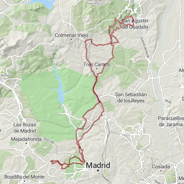 Map miniature of "Gravel Route: Madrid Panoramic Discovery" cycling inspiration in Comunidad de Madrid, Spain. Generated by Tarmacs.app cycling route planner